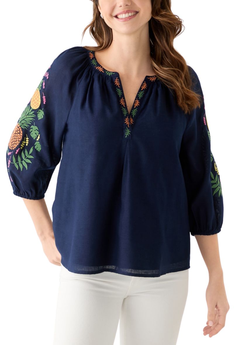 Womens 3/4 Embroidered Sleeve Top