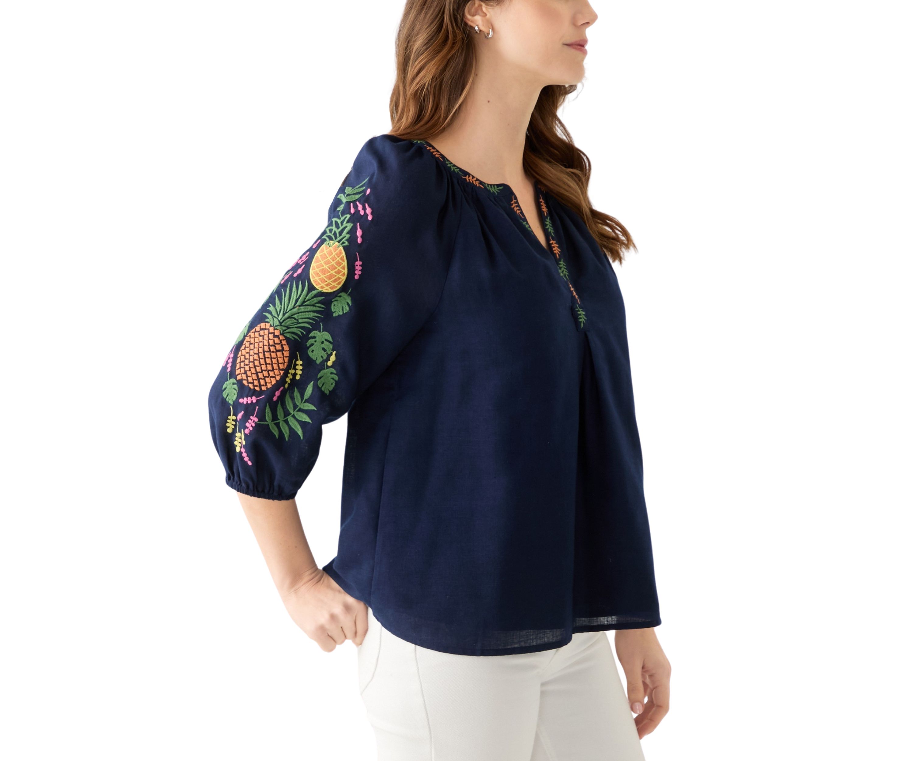 Womens 3/4 Embroidered Sleeve Top