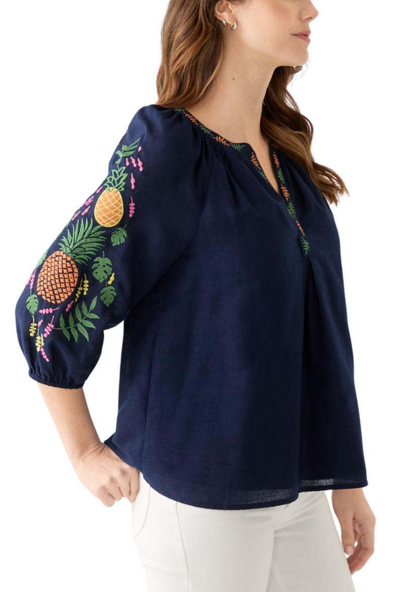 Womens 3/4 Embroidered Sleeve Top