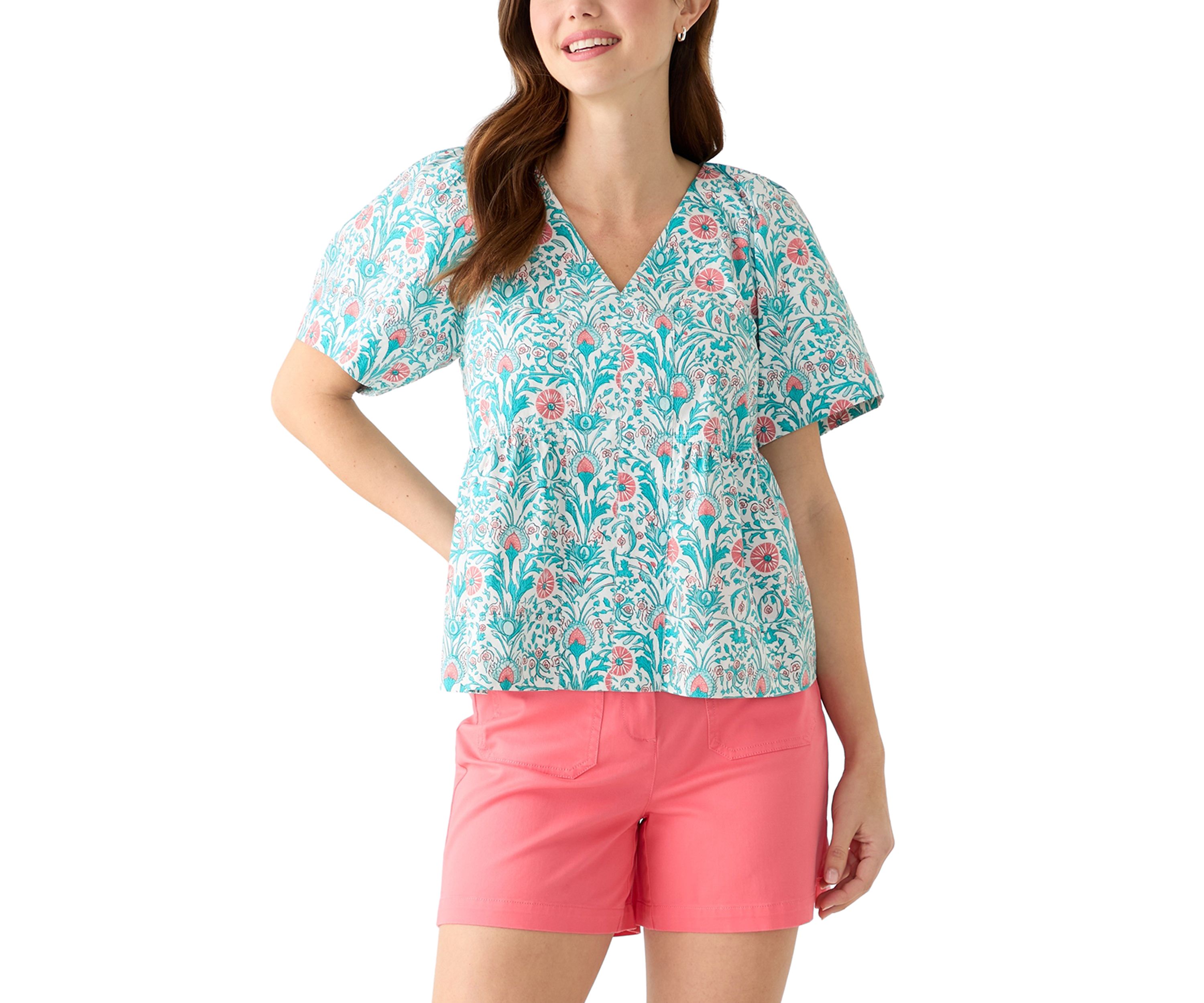 Womens Pleated Shoulder Printed Top