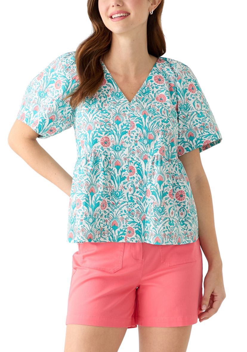 Womens Pleated Shoulder Printed Top