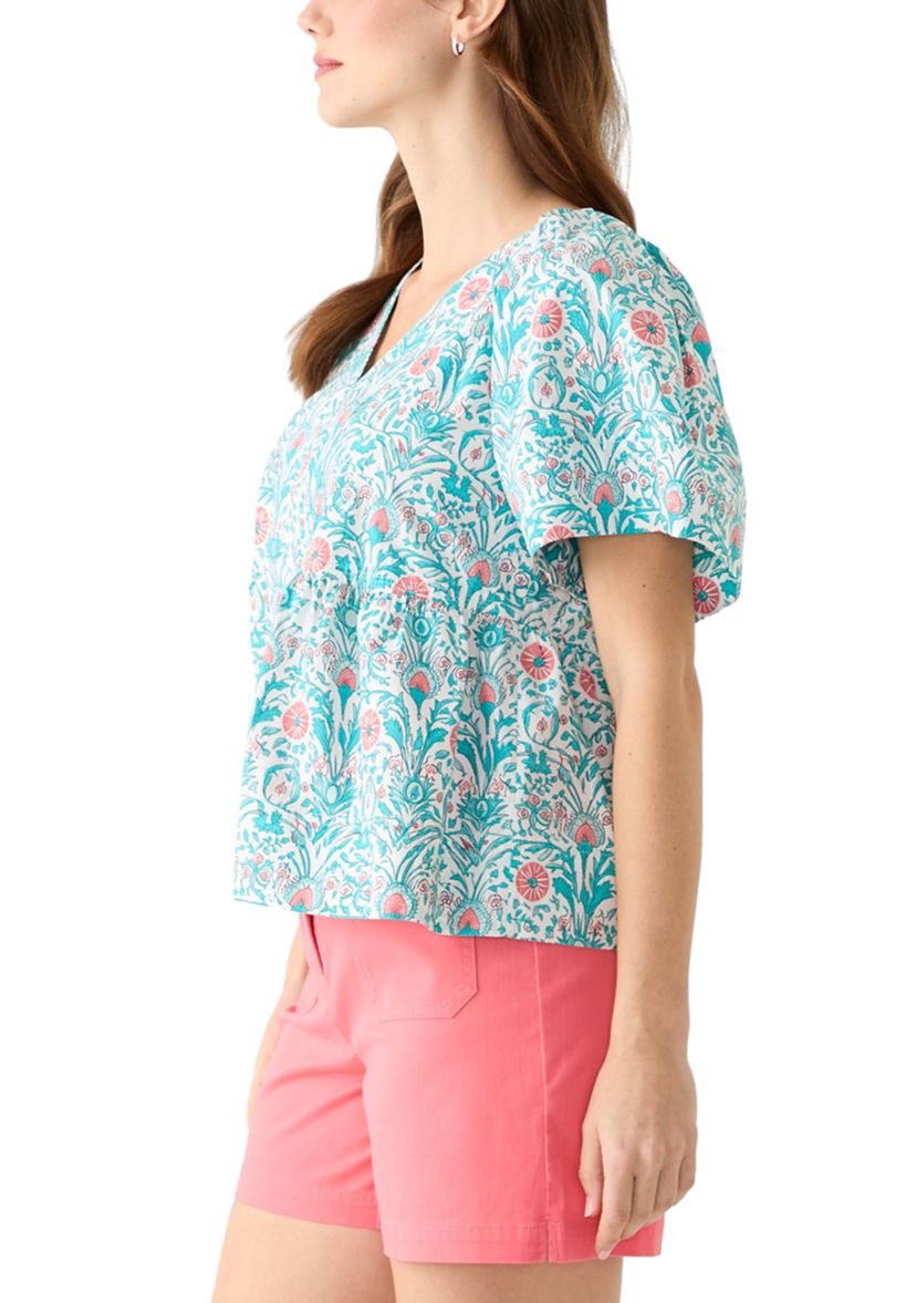 Womens Pleated Shoulder Printed Top
