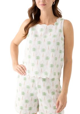 Crown & Ivy Women's Sleeveless Printed Scalloped Tank Top, White, XXL