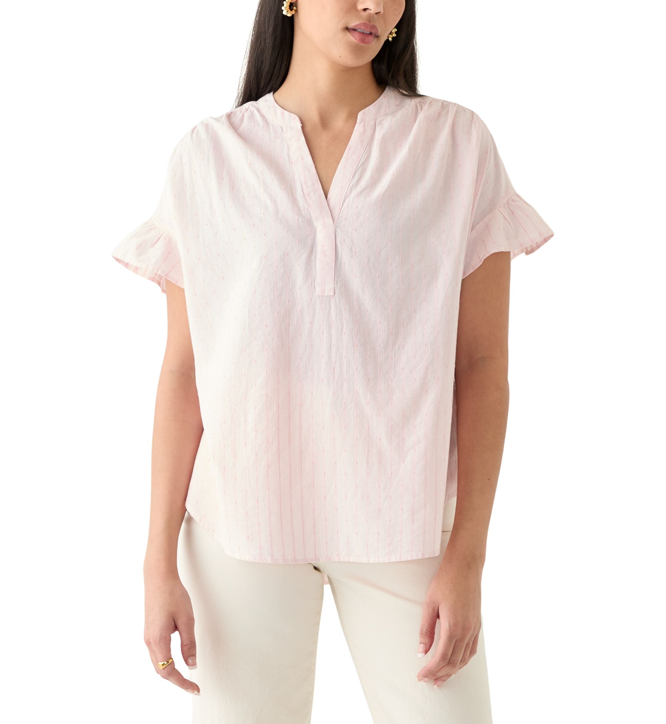 Womens Ruffle Dolman Dobby Shirt