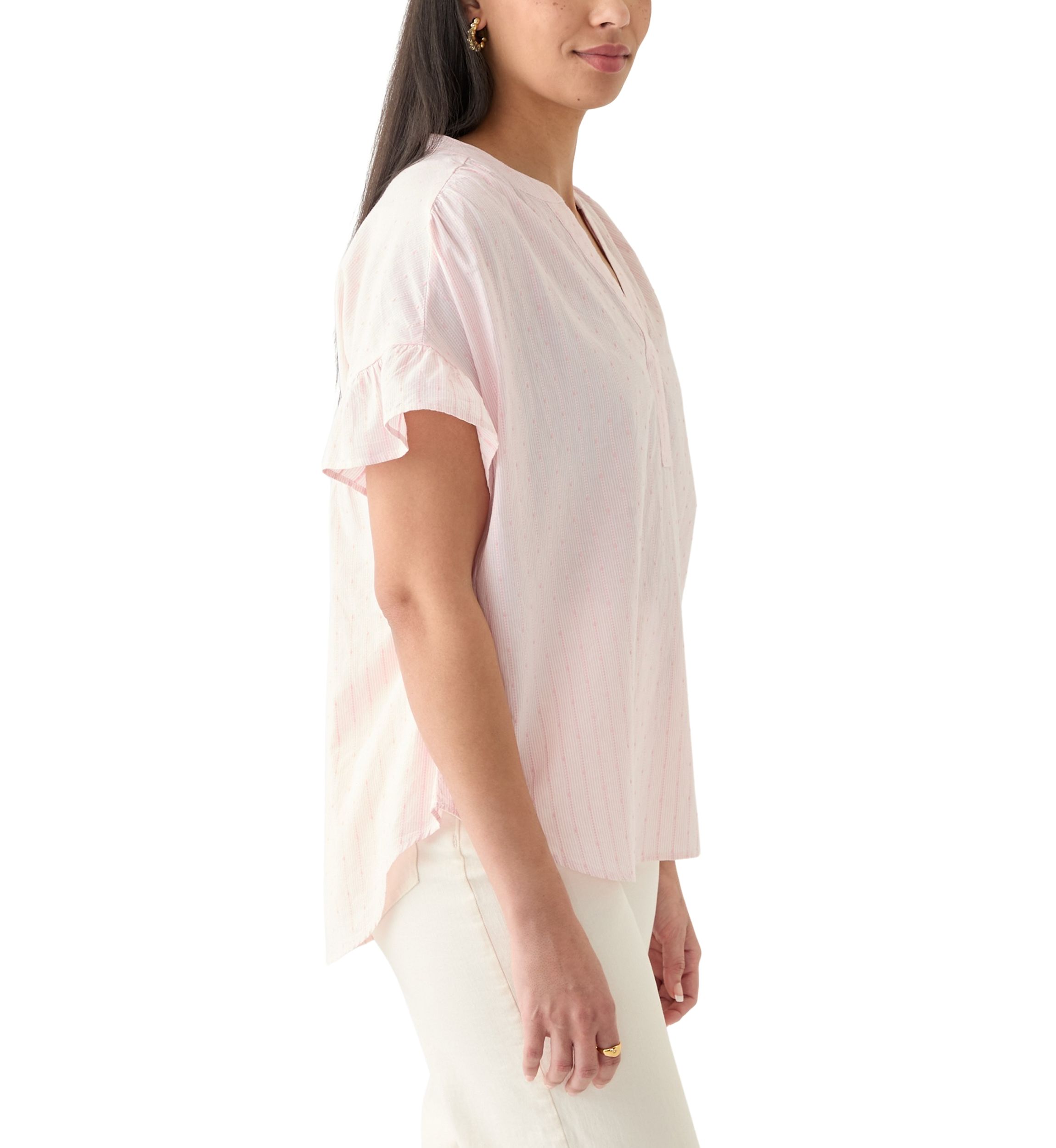 Womens Ruffle Dolman Dobby Shirt