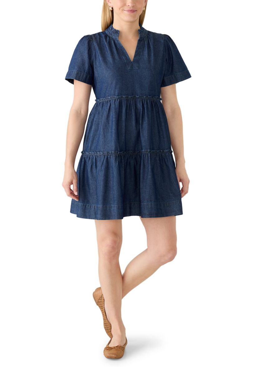 crown and ivy denim dress Women's Short Sleeve Tiered Mini Dress