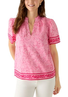 Cabana by Crown & Ivy Women's Short Sleeve V-Neck Peasant Top, Pink, XS