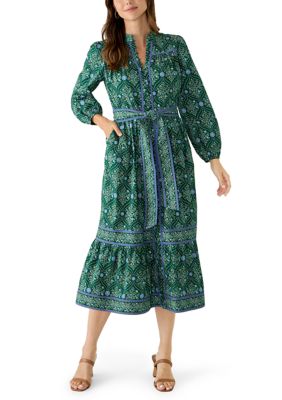 Crown & Ivy Women's Long Sleeve Tie Belt Midi Dress, Green, XS