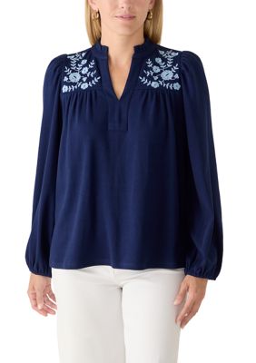 Crown & Ivy Women's Long Sleeve Front Yoke Embroidered Top