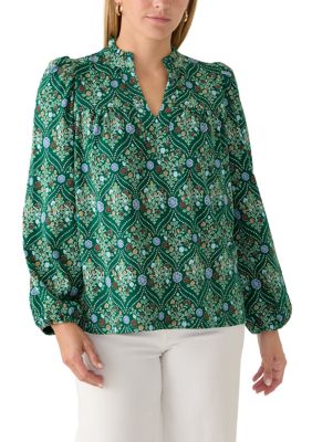 Crown & Ivy Women's Long Sleeve Front Yoke Printed Top, Green, Large