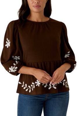Crown & Ivy Women's Elbow Sleeve Embroidered Knit Top