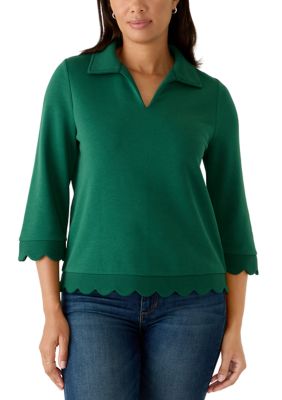 Crown & Ivy Women's 3/4 Sleeve Scalloped Knit Top