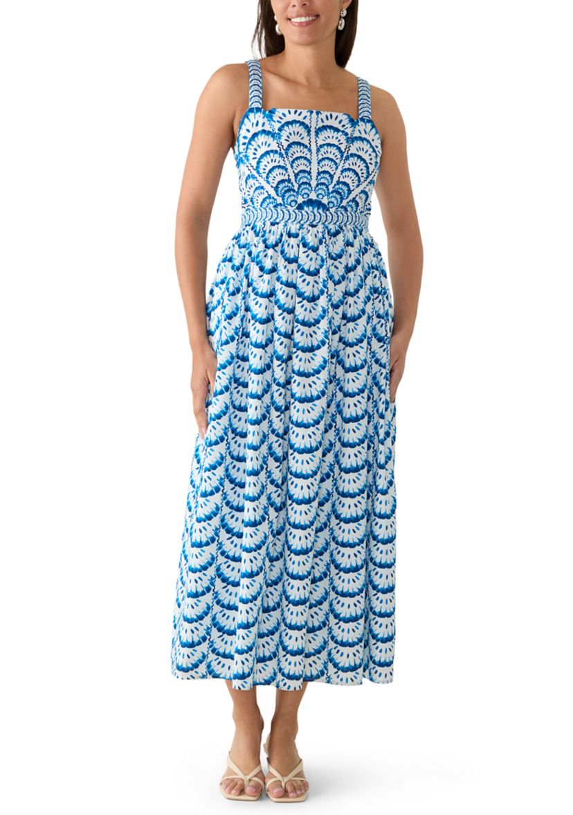 knee length dresses for ladies Melodie Sleeveless Cotton Midi Dress, Blue Green Ikat / Xs