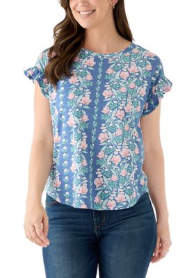 Crown & Ivy Women's Short Sleeve Printed Ruffle Shirt, Small