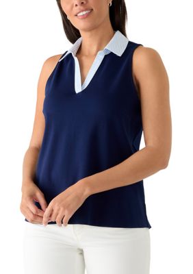 Crown & Ivy Women's Sleeveless Collar Tank Top, Navy Blue, XXL