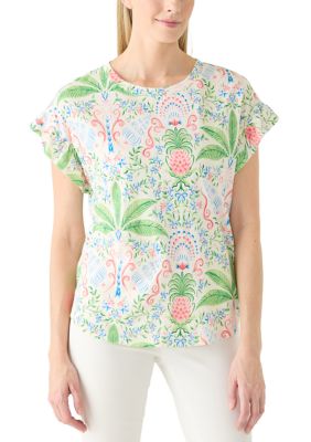 Crown & Ivy Women's Short Sleeve Ruffle Printed T-Shirt, Ivory, Large
