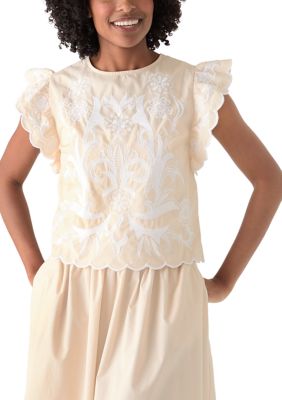 Crown & Ivy Women's Short Flutter Sleeve Top, Tan, XL