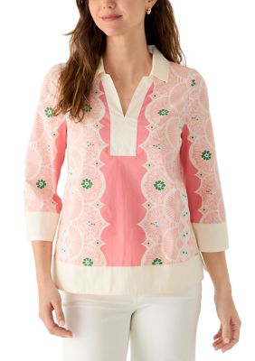 Crown & Ivy Women's 3/4 Sleeve Popover Top, Peach, Small