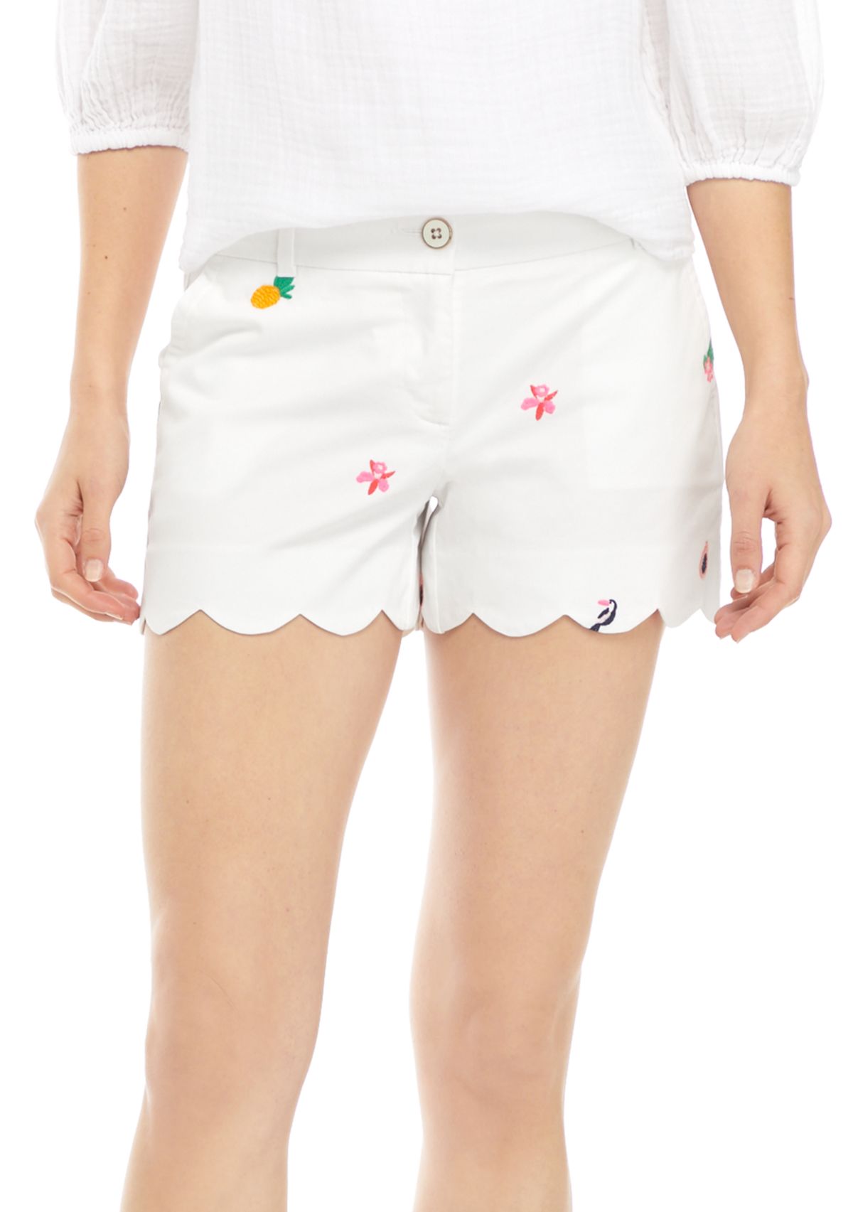 Petite Floral Embroidered Scallop Hem Shorts