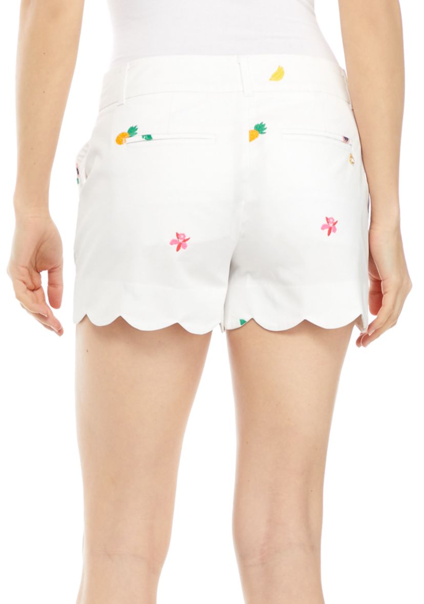 Petite Floral Embroidered Scallop Hem Shorts