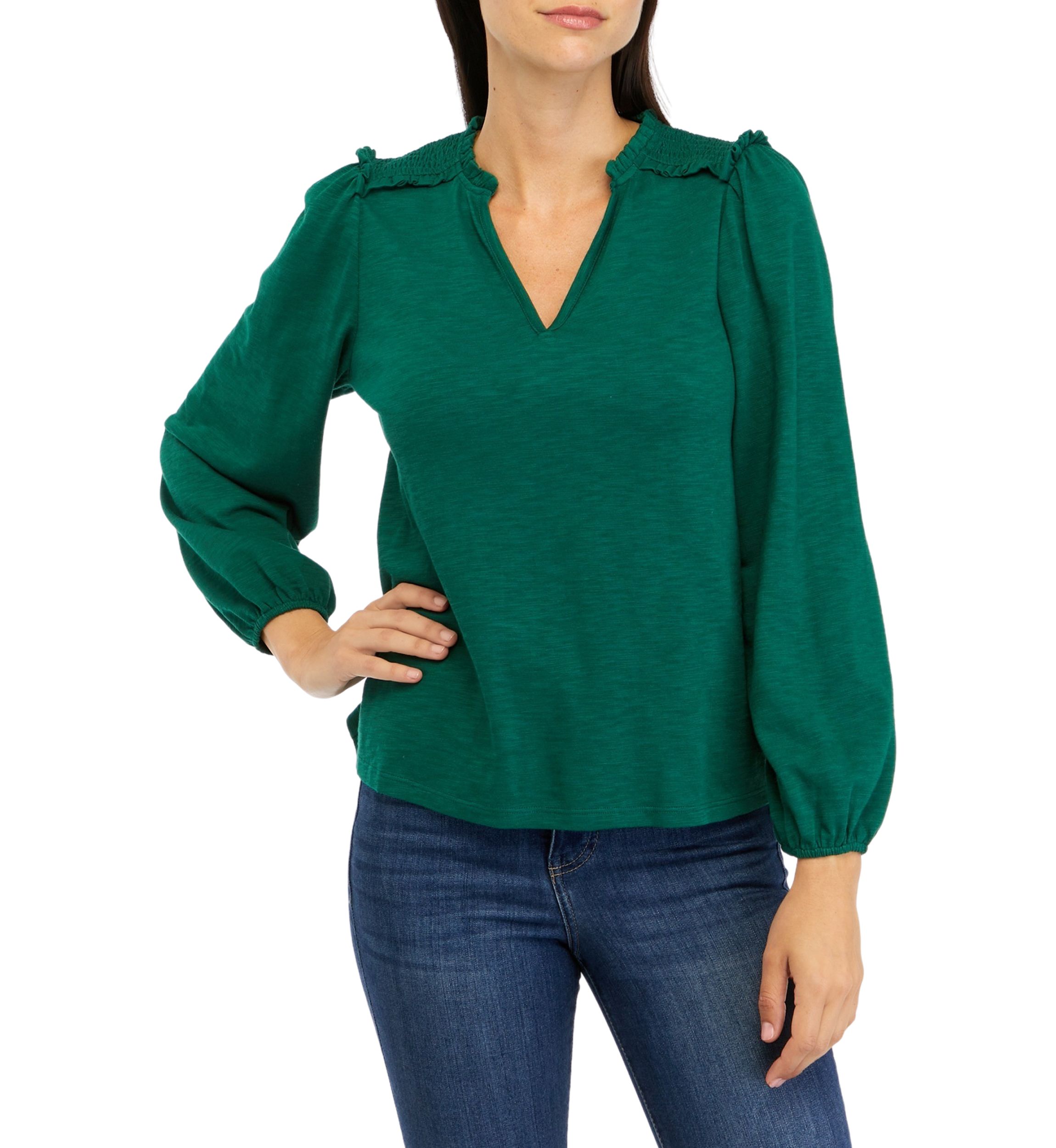 Petite Long Sleeve Smocked Split Neck T-Shirt