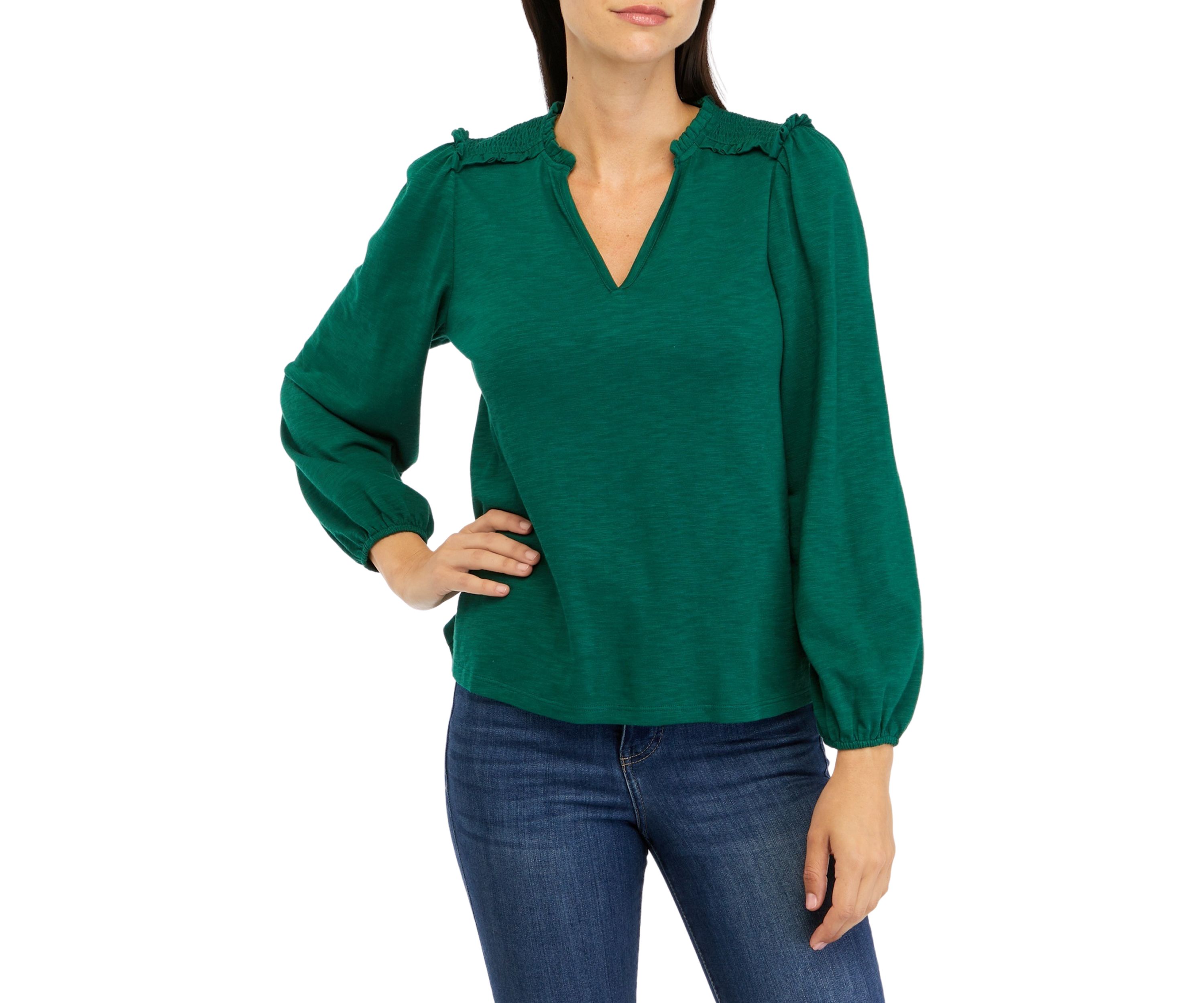 Petite Long Sleeve Smocked Split Neck T-Shirt