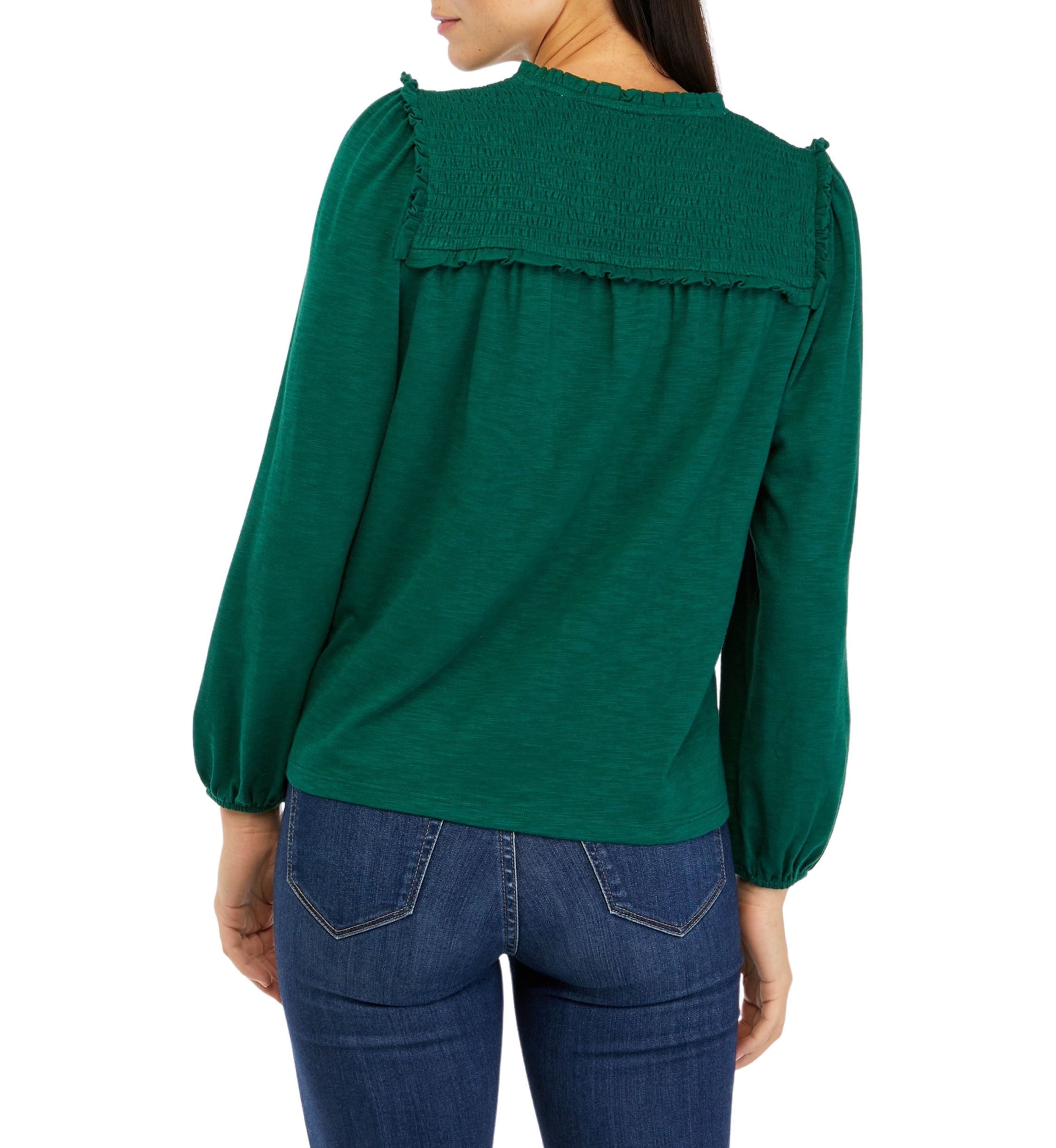 Petite Long Sleeve Smocked Split Neck T-Shirt