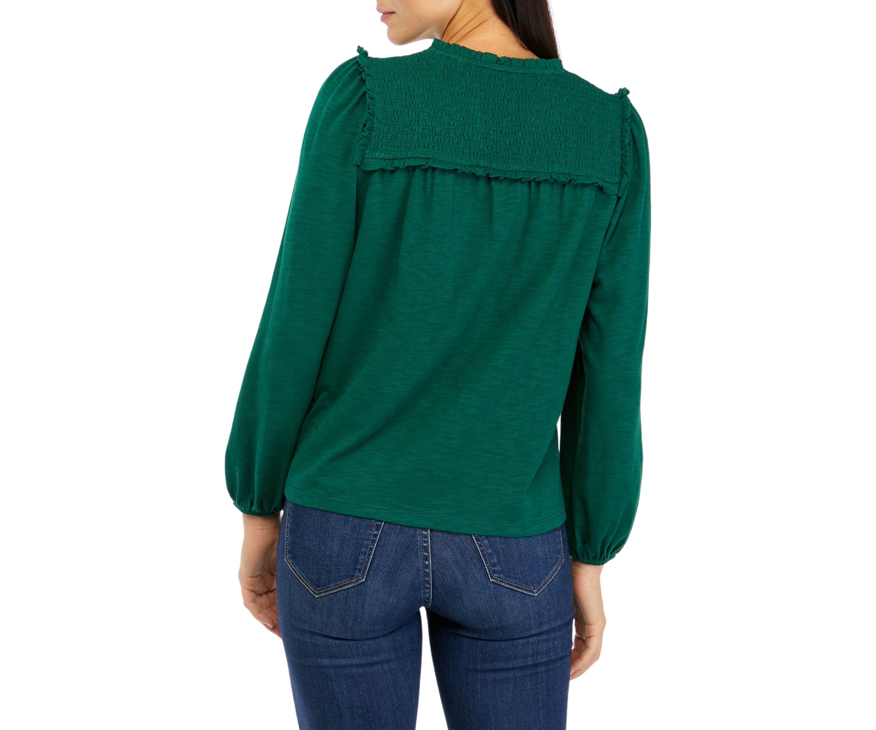 Petite Long Sleeve Smocked Split Neck T-Shirt