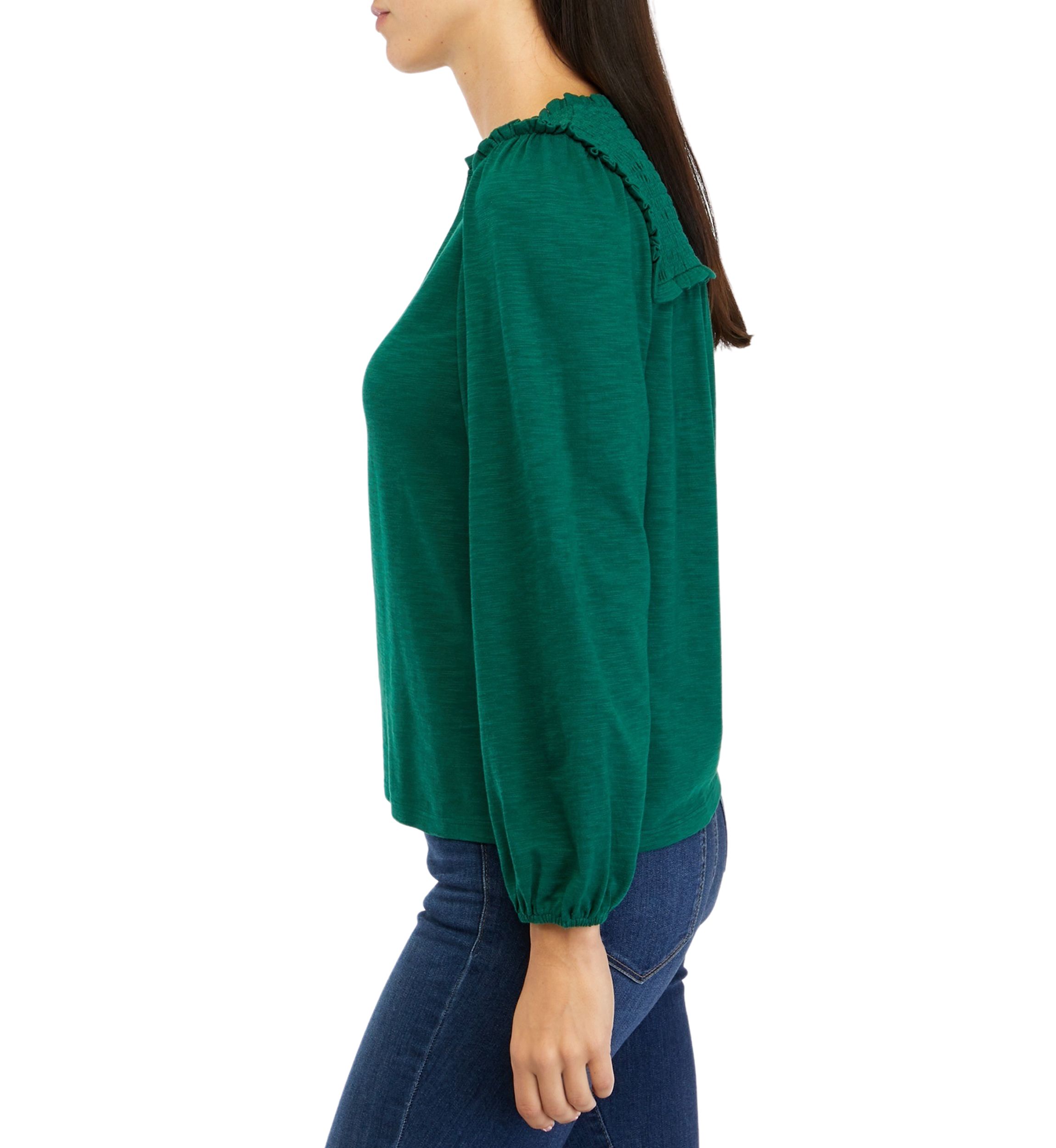 Petite Long Sleeve Smocked Split Neck T-Shirt