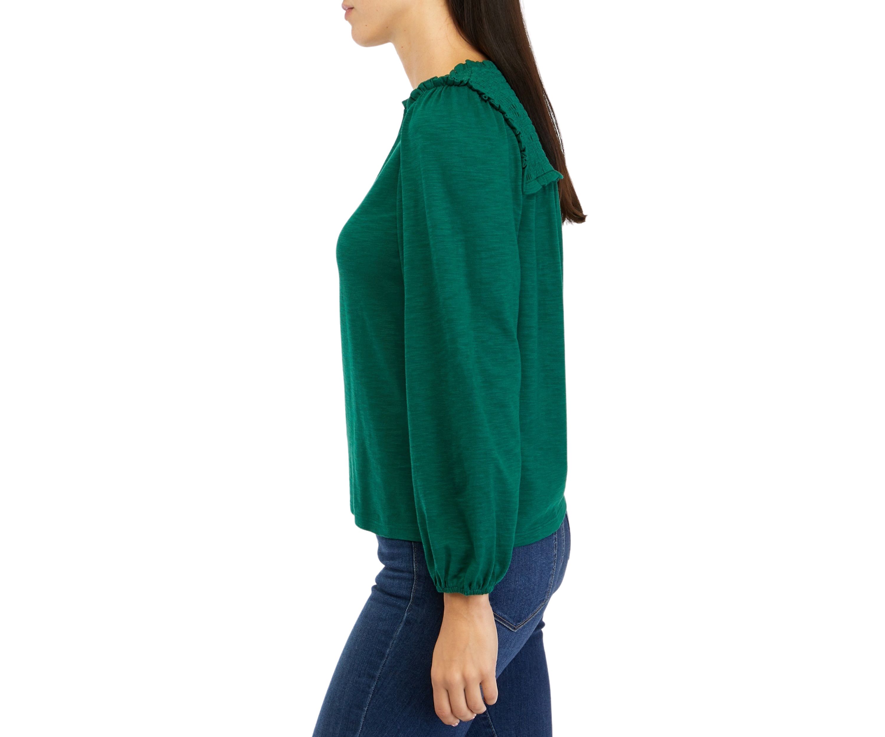 Petite Long Sleeve Smocked Split Neck T-Shirt