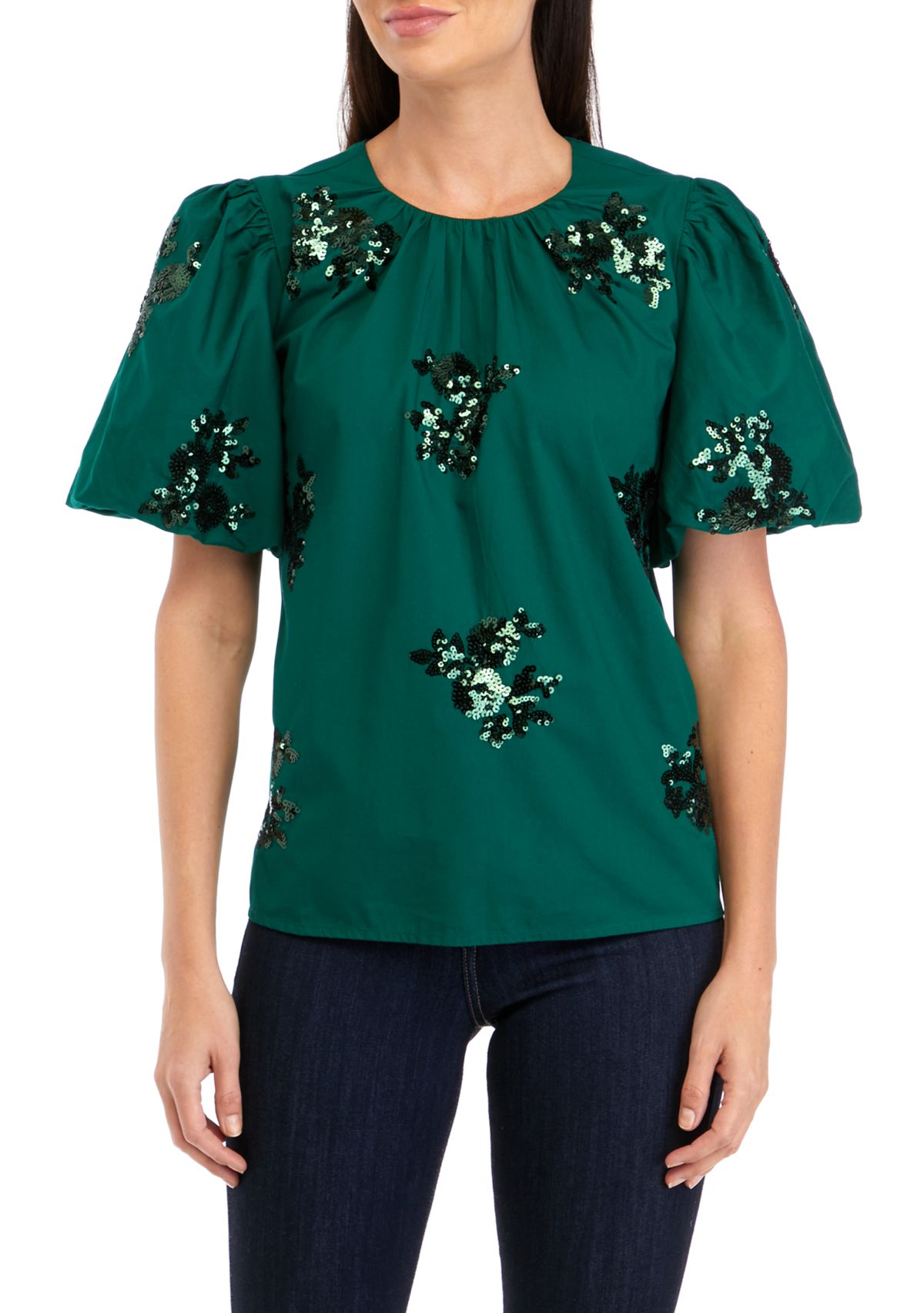 Petite Short Sleeve Sequin Appliqué Top