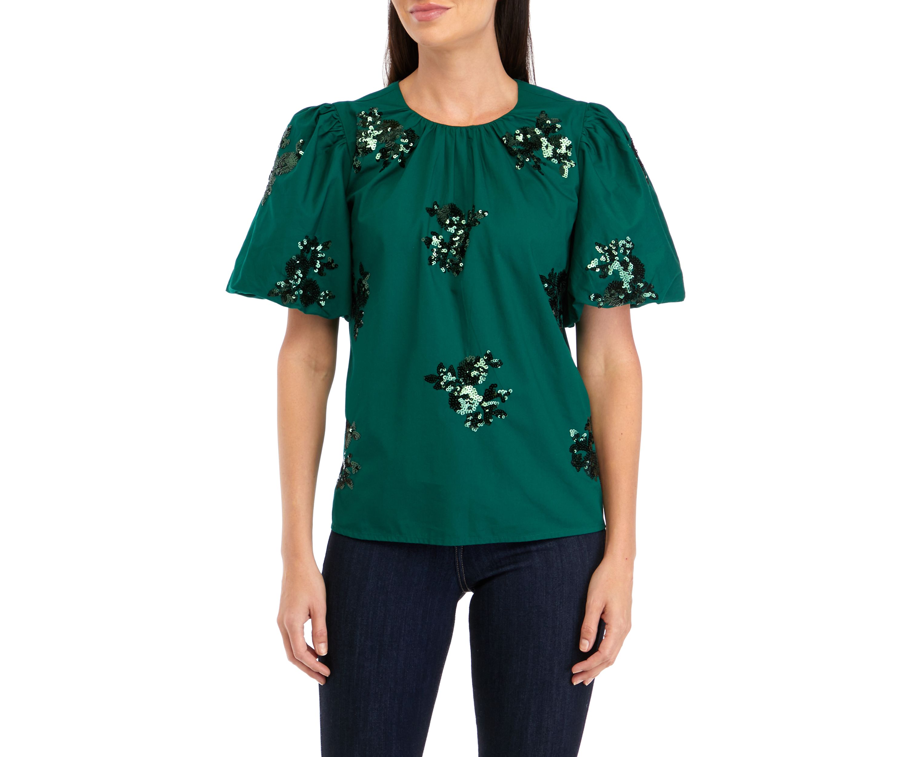 Petite Short Sleeve Sequin Appliqué Top