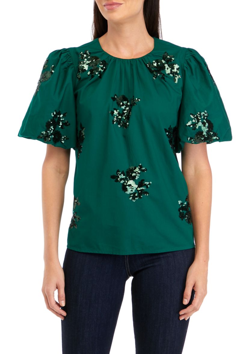 Petite Short Sleeve Sequin Appliqué Top