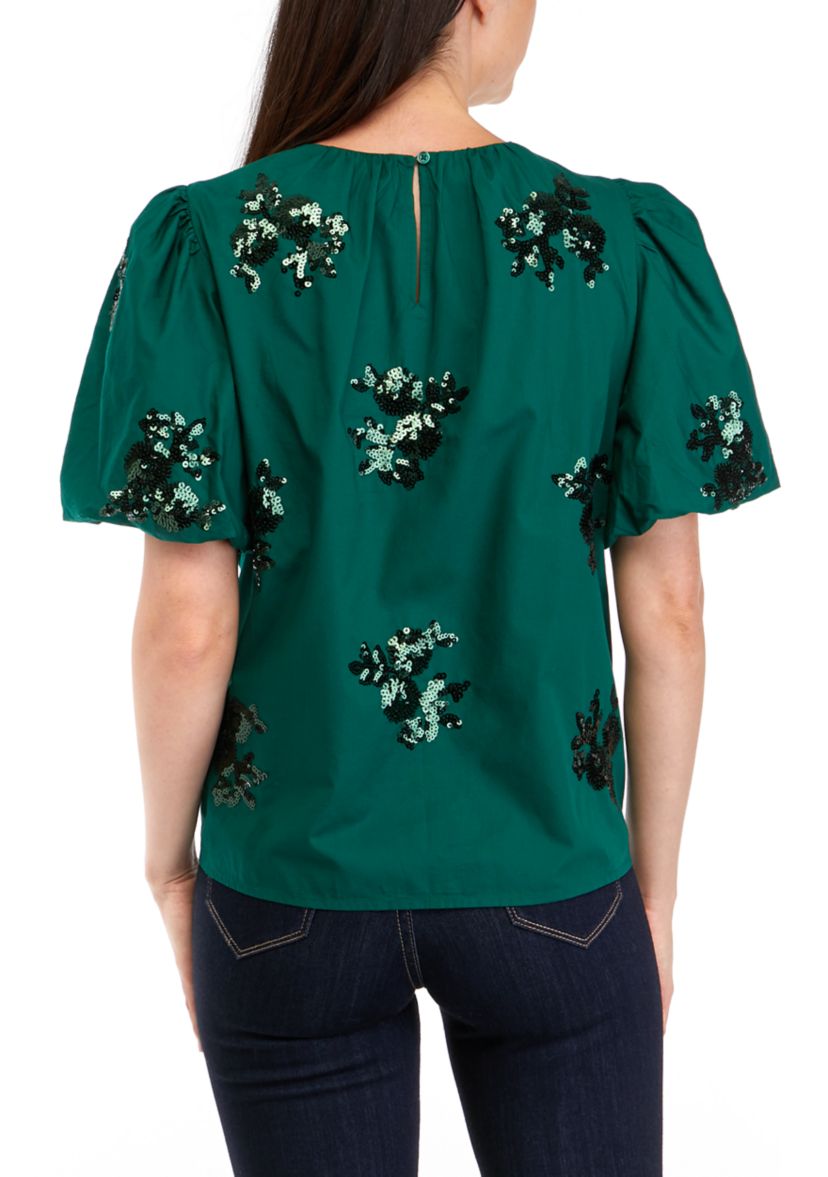 Petite Short Sleeve Sequin Appliqué Top