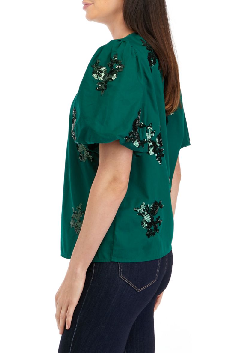 Petite Short Sleeve Sequin Appliqué Top