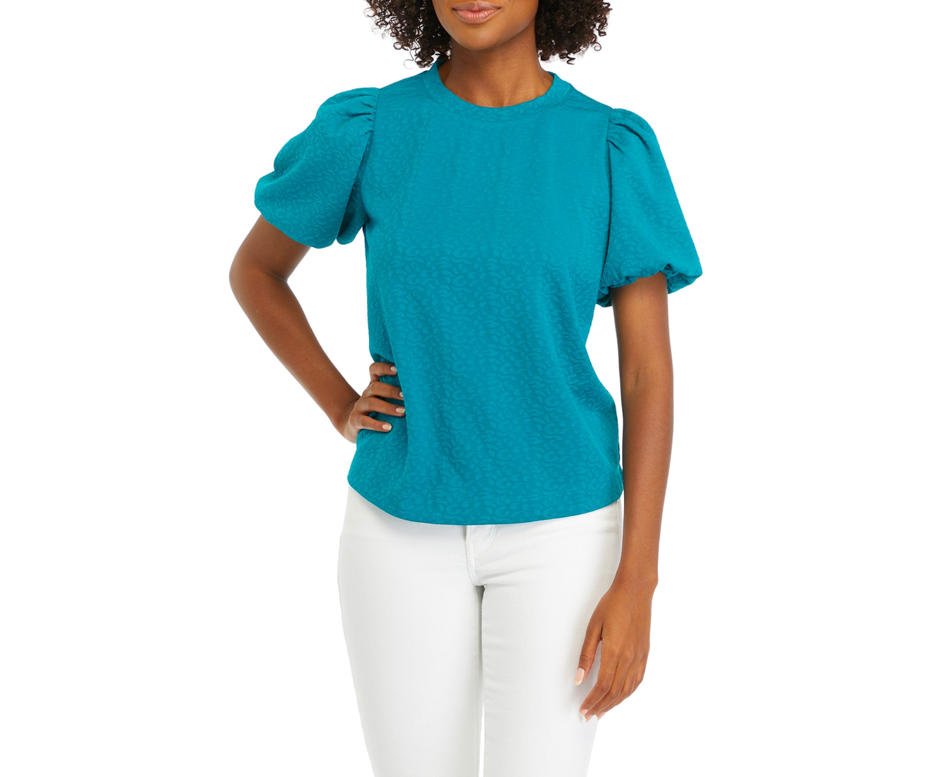 Petite Solid Jacquard Puff Sleeve Top
