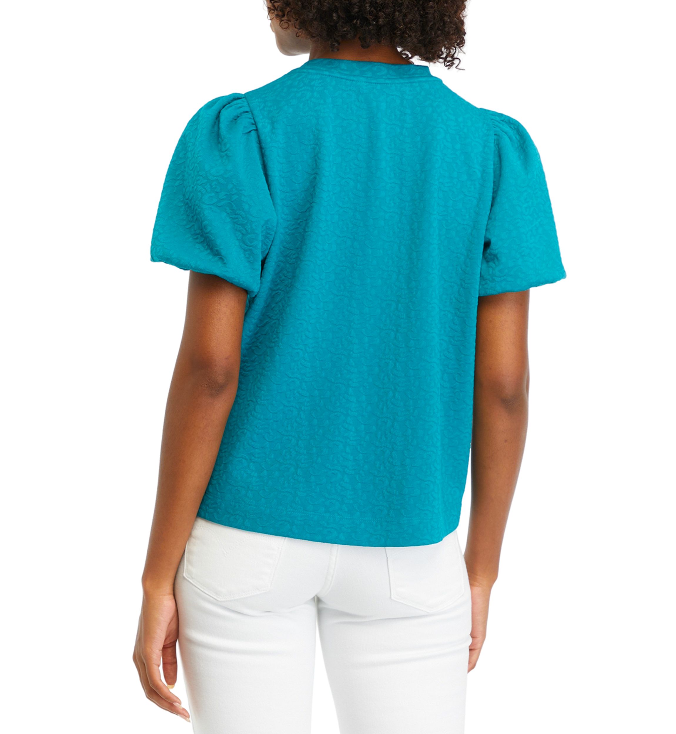 Petite Solid Jacquard Puff Sleeve Top