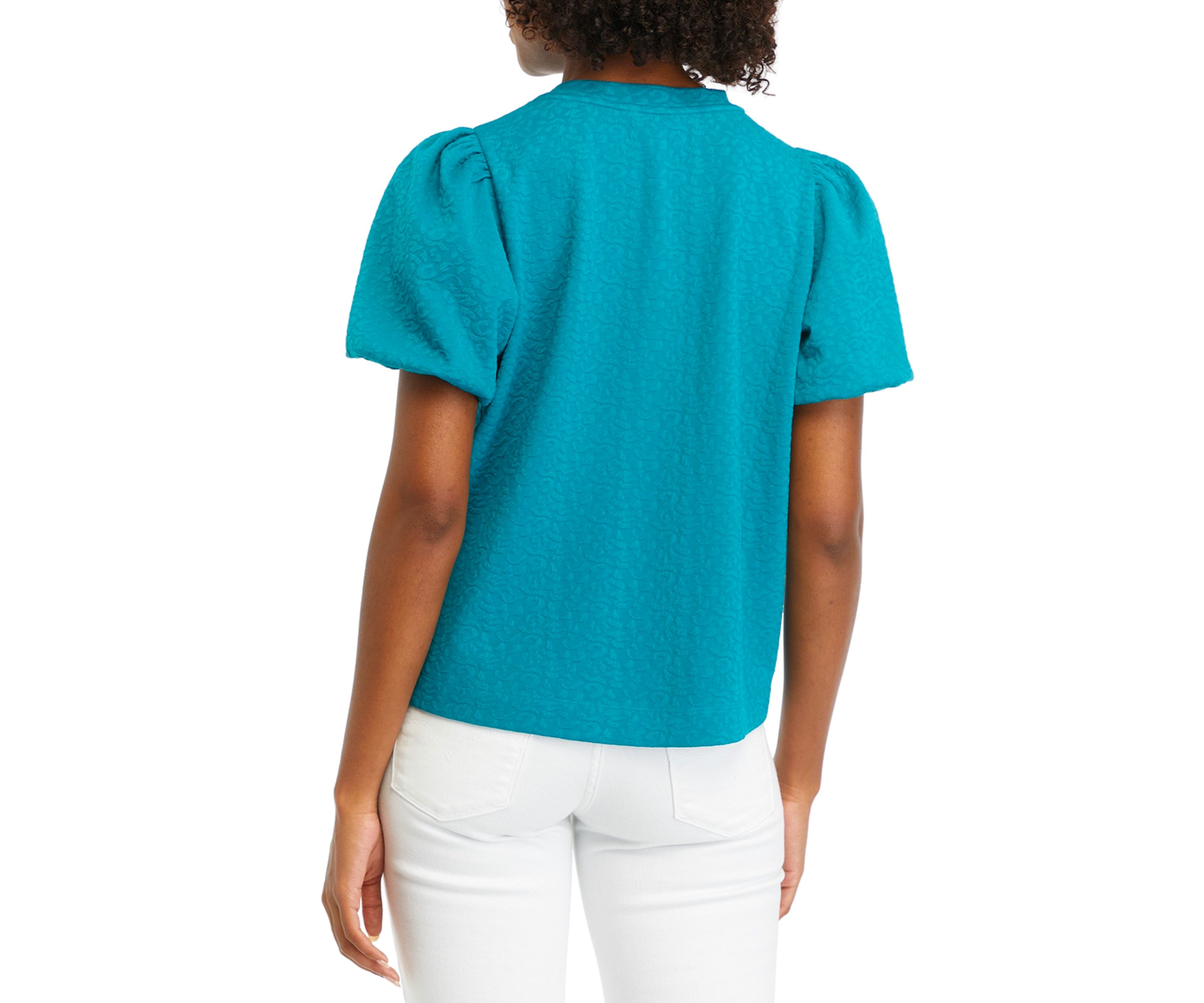 Petite Solid Jacquard Puff Sleeve Top