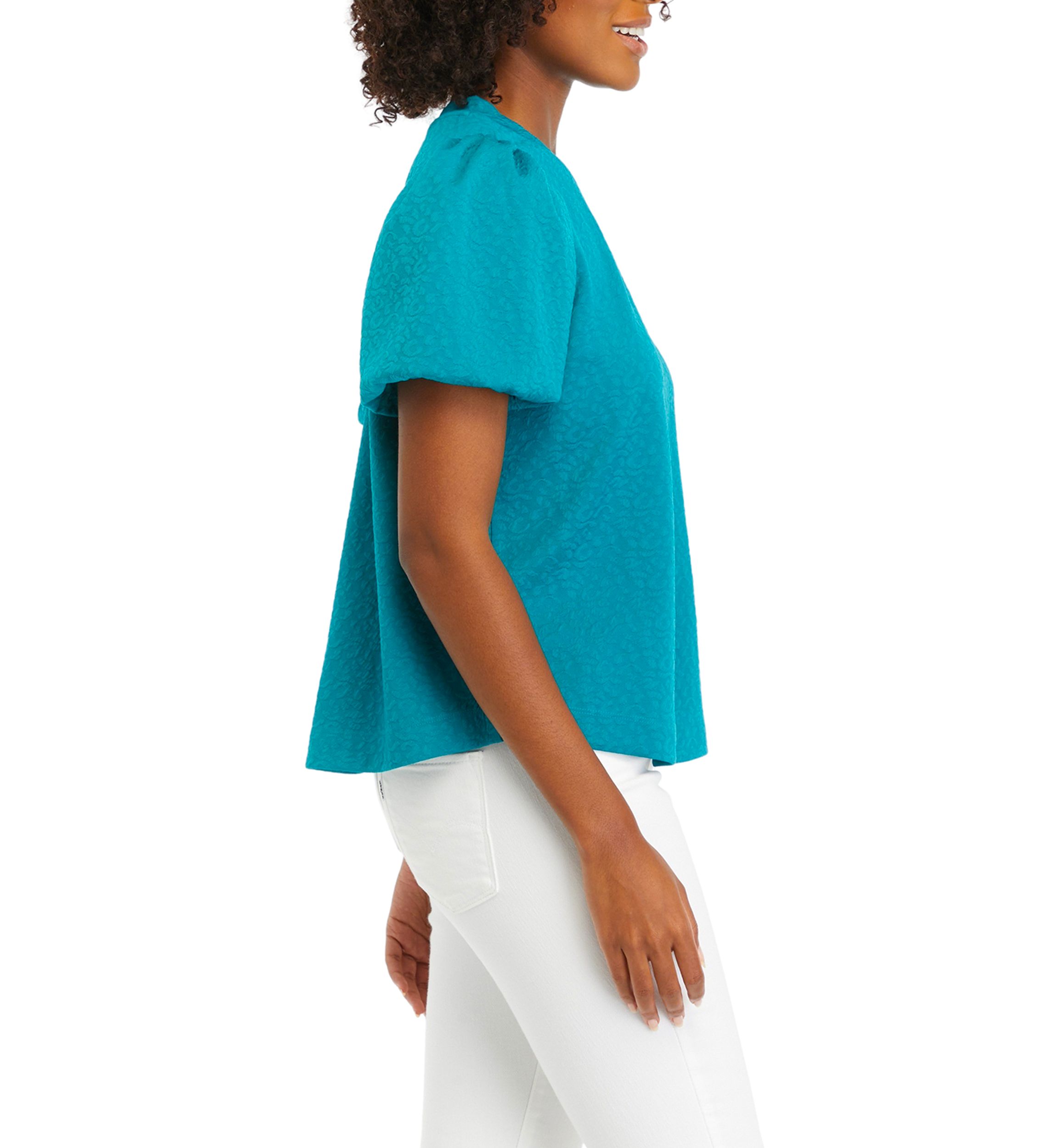 Petite Solid Jacquard Puff Sleeve Top