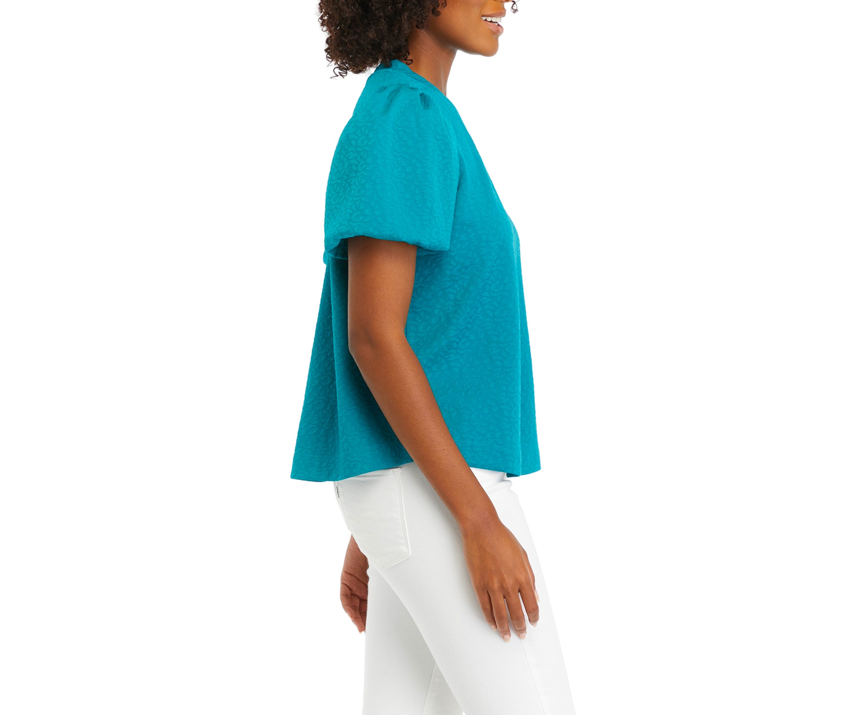 Petite Solid Jacquard Puff Sleeve Top