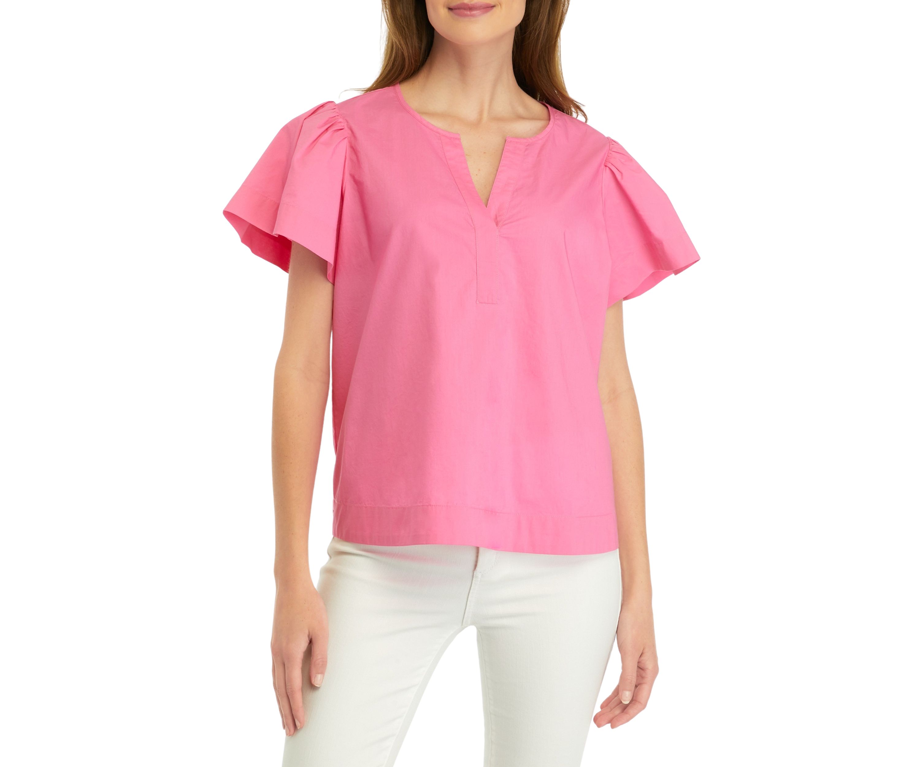 Petite Puff Sleeve Split Neck Top 