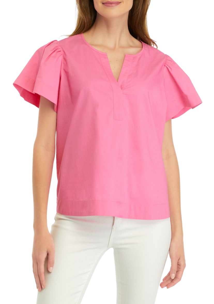 Petite Puff Sleeve Split Neck Top 