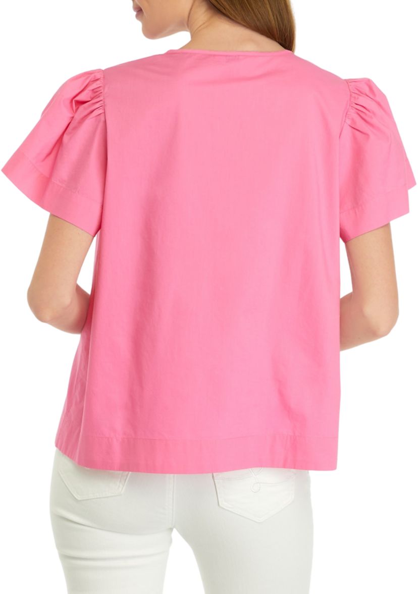 Petite Puff Sleeve Split Neck Top 