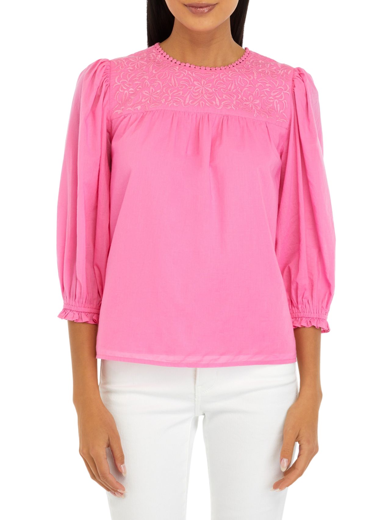 Petite Puff Sleeve Embroidered Top