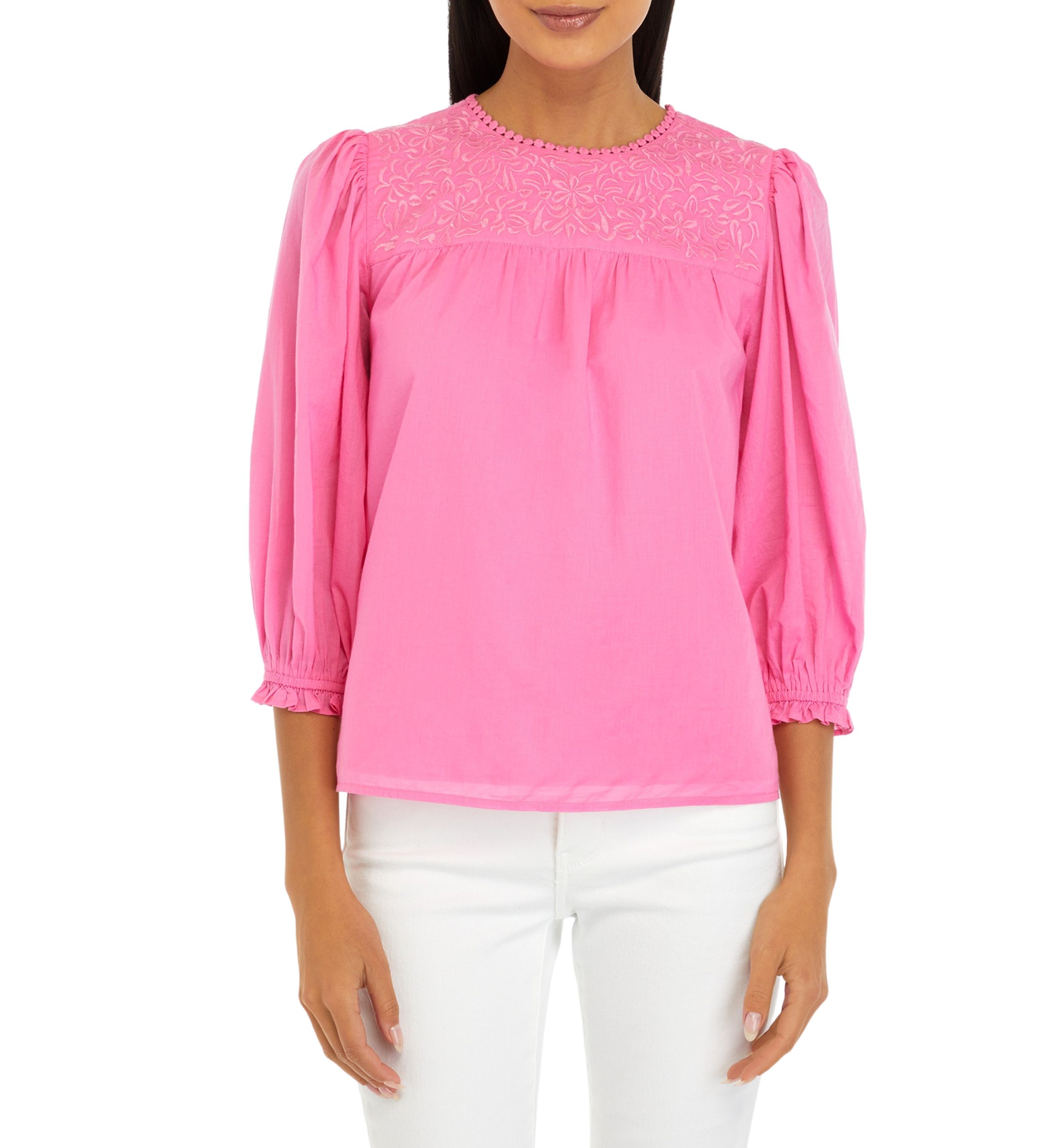 Petite Puff Sleeve Embroidered Top