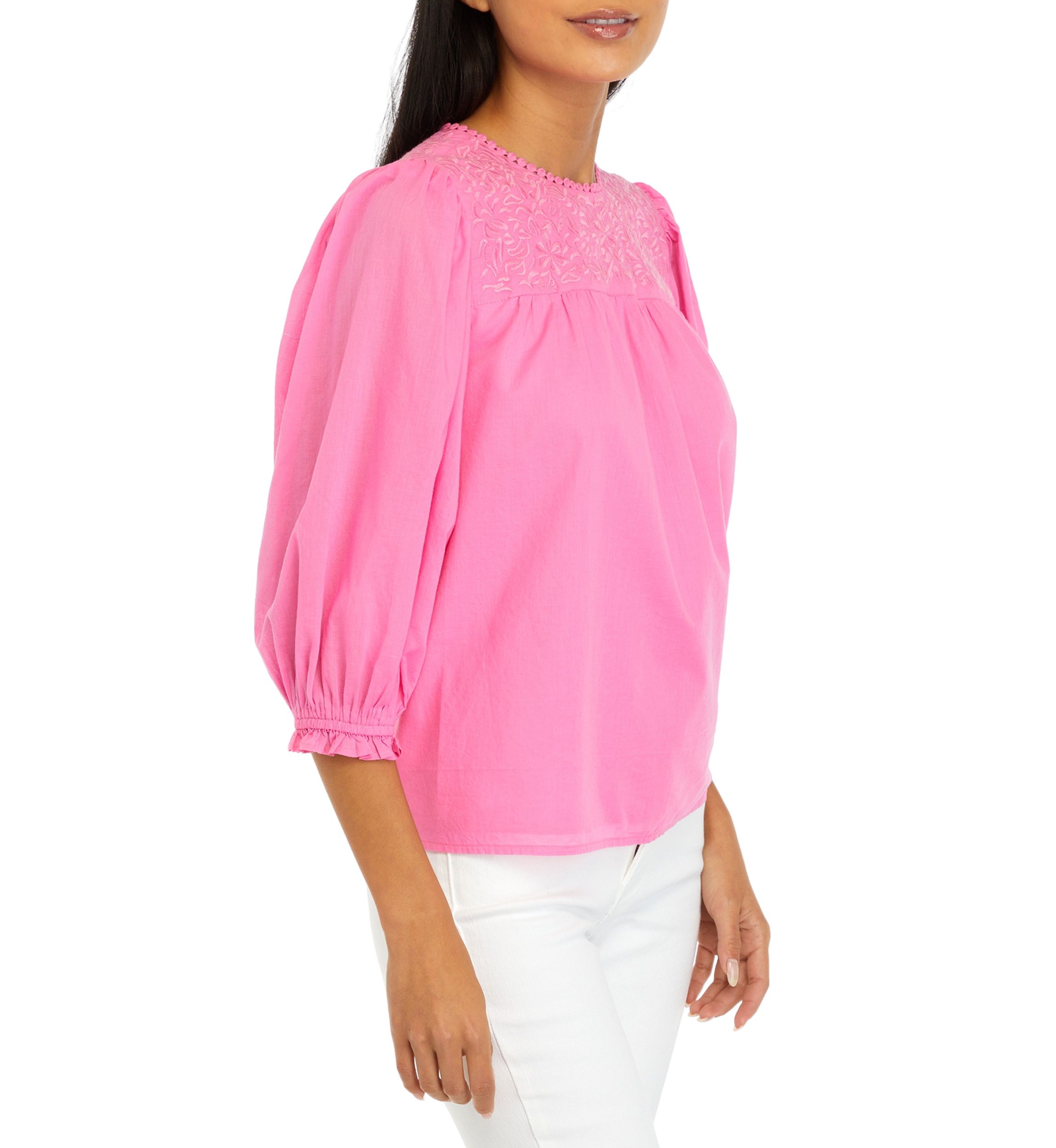 Petite Puff Sleeve Embroidered Top
