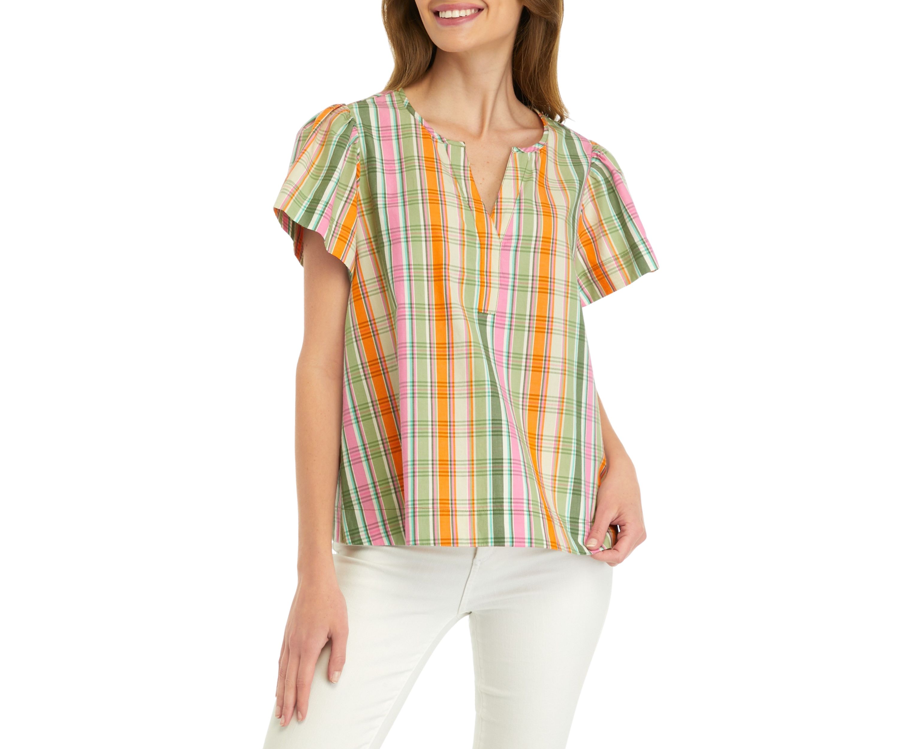 Petite Puff Sleeve Plaid Top