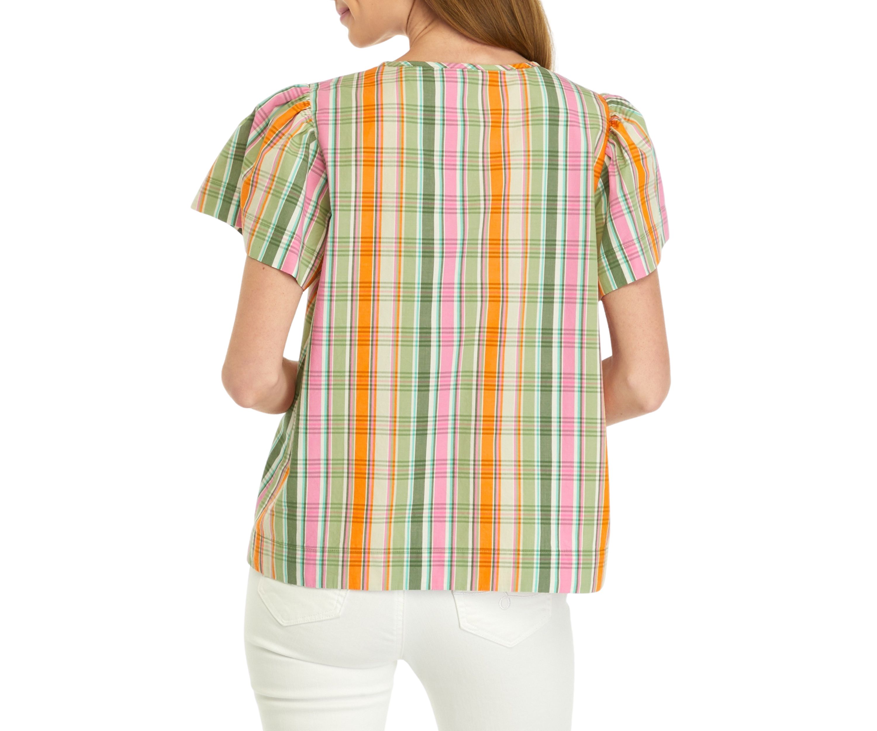 Petite Puff Sleeve Plaid Top