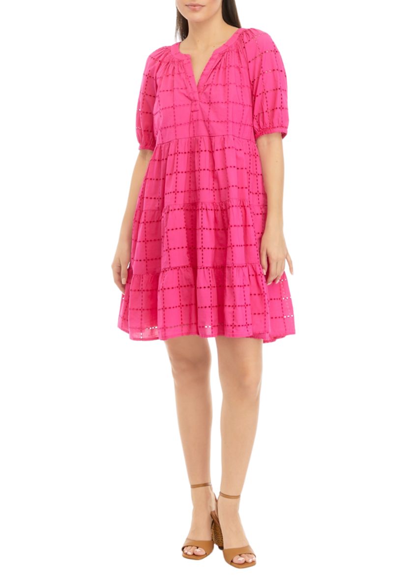 Petite Puff Sleeve Eyelet Peasant Dress
