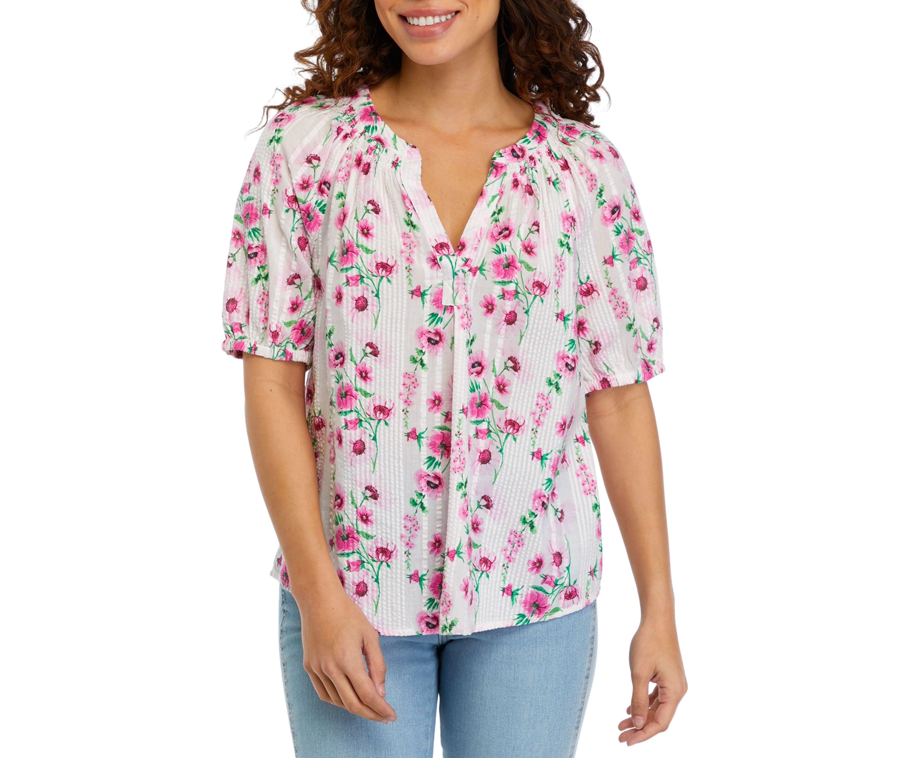 Petite Short Sleeve Printed Peasant Top